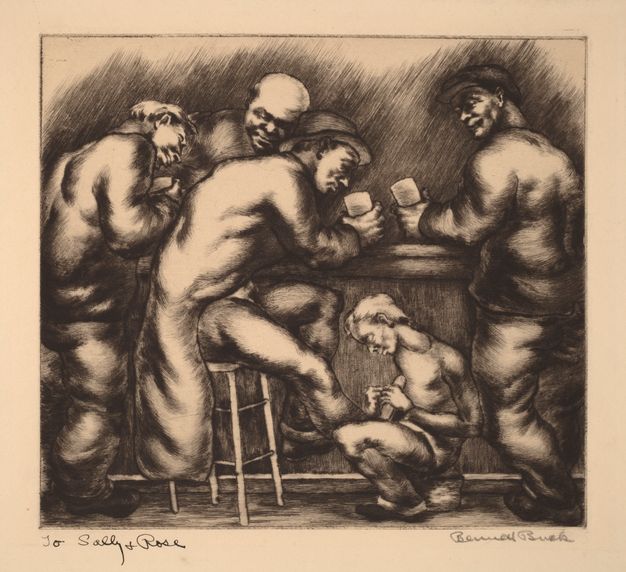 A quiet bar scene with three male patrons and a bartender, rendered with soft lines. Two working-class customers stand. The patron at center sits leaning on a delicate stool, staring into his glass while a boy shines his right shoe. Signed “Bennett Buck” at lower right.