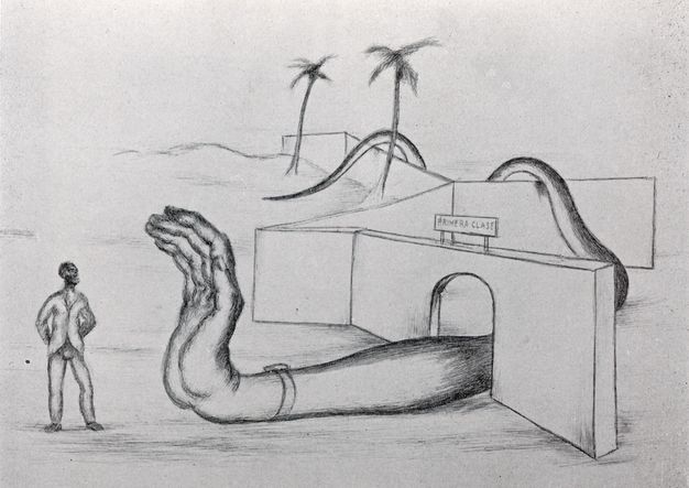 A series of walls fills a black-and-white landscape with two palm trees. Above an archway a sign reads “Primera clase.” A huge snake-like form passes over the walls and through the arch, terminating in a human hand blocking entry to an Afro-Caribbean man.
