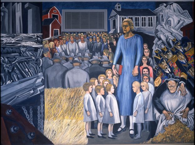 A towering blond schoolteacher surrounded by robotlike children stands in front of a schoolhouse. At left, emotionless men and women assemble in a circle, their backs turned to a rectangular wheat field below. All figures are dressed in suits and hats or long-sleeved dresses. To the right, a capitalist, surmounted by uniformed military figures, clutches a bag of gold coins.
