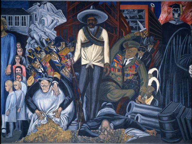 A mustachioed man wearing a sombrero stands with a rifle at his side and cartridge belts cross his chest. A beribboned general holds a knife overhead, preparing to stab him in the back, accompanied by masked capitalists. Ruined buildings fill the background.