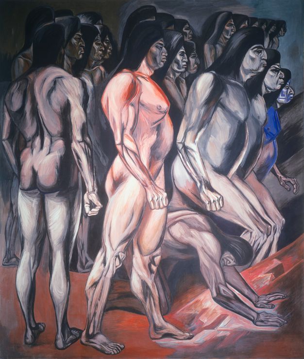 A density of muscular nude men with overlapping angular bodies, all facing right. Most have long black hair and gray skin. Some stand, others march forward, and one falls to his knees against the red earth.