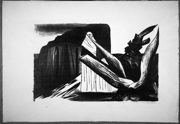 Black-and-white print of two women wearing shawls and long skirts standing outdoors. Their faces are mostly concealed, and their forms are hard to discern. To the left is the dark mass of a brick kiln. To the right are two agaves with torn leaves. 