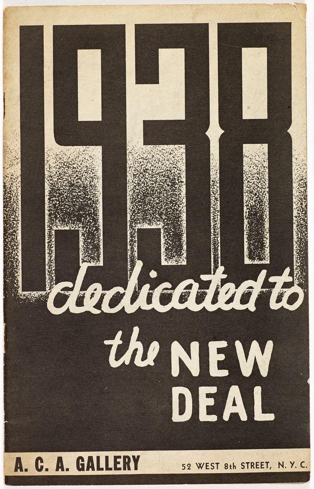 A black-and-white printed pamphlet cover. Blocky black numerals for the title 1938 fill the upper half of the page. The subtitle is below, in smaller white letters over a black background. A strip at bottom contains the gallery name and address.