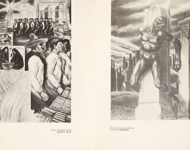 Interior spread of captioned illustrations from a black-and-white printed pamphlet. The left page shows figure 1. The right page shows a painting of a nude, muscular African American man tied to the top of a broken column in an urban landscape; he looks to the side in anguish.