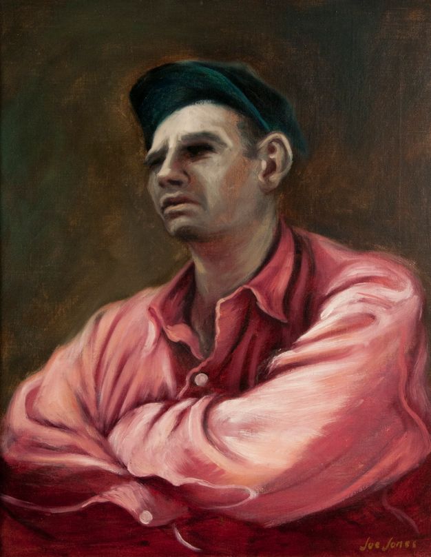 A color painting of a man with a serious expression and crossed arms, seen from the arms up in a three-quarter view. He looks out and slightly up, wearing a brown cap and a pinkish-red long-sleeved collared shirt. Signed “Joe Jones” at lower right.