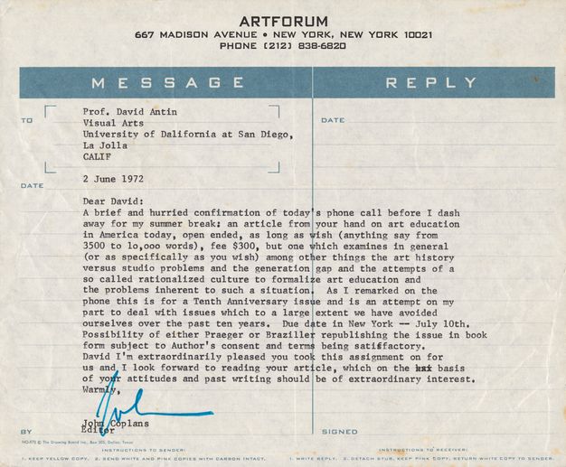 A blue-lined, white telegram on Artforum letterhead with the sender’s address printed at the top, a typewritten message, and Coplans’s signature in blue pen at the bottom.