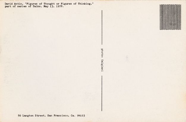 The back of the postcard contains no handwriting, only the typed address, lecture title, and a photo credit to “Galgiani.”