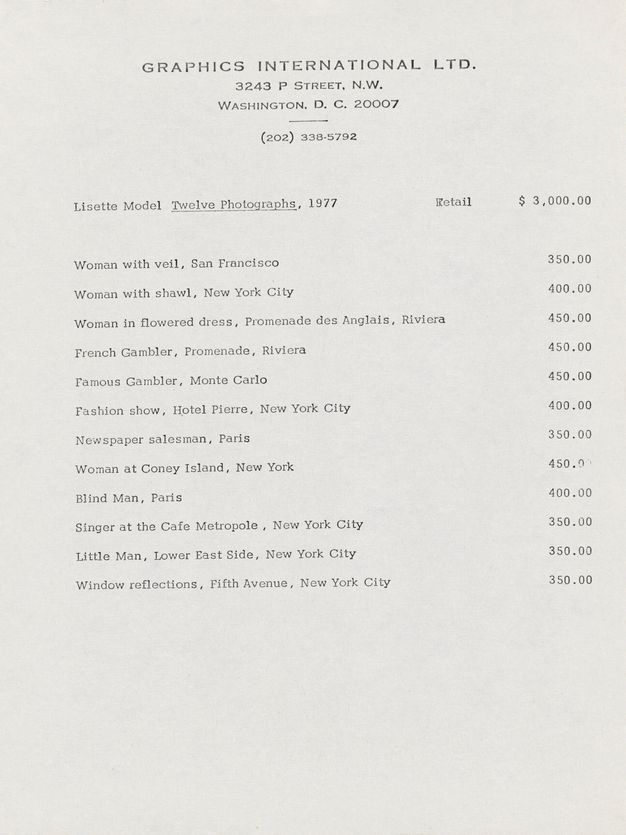 A typewritten list of corresponding prices for twelve prints listed by title. Prices range between $350 to $450, with the total retail discounted at the top at $3,000.
