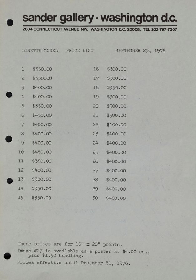 Typewritten list on hole-punched Sander Gallery letterhead displaying prices for 16-by-20-inch prints in dollars. Works are indicated by numbers one through thirty. At the bottom, it notes that Image number 27 is available as a poster and that prices are effective until 31 December 1976.