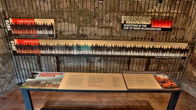 Printed text and images mounted on a table, and horizontal bar graphs affixed to the wall above showing the dramatically increased rate of incarceration of US Americans for nonviolent crime in 2015 compared to 1970. The section at right on the table reads, “Why are there so many Americans in prison?”