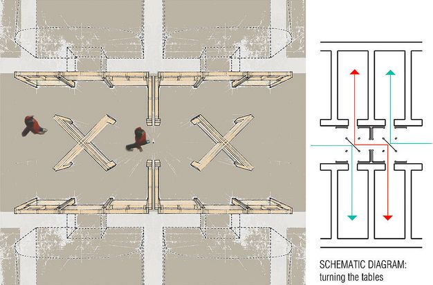 A digitally rendered diagram in aerial view of the installation plan showing the placement of mirrors along a corridor and the resulting angle of reflection for the person depicted walking through it.