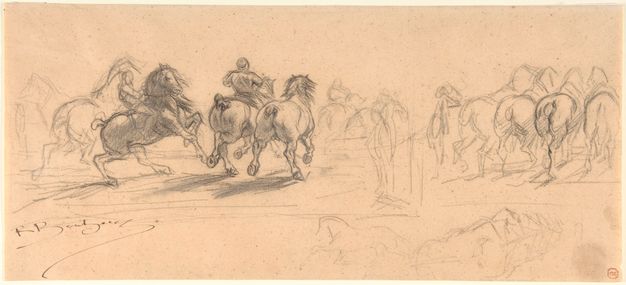The wide page is filled with groups of horses viewed mostly from behind. The left group is rearing and cantering, within which three of the horses are carefully shaded. At right is a quicker sketch of the hinds of four horses together. Along the bottom lower edge, a galloping horse is outlined.