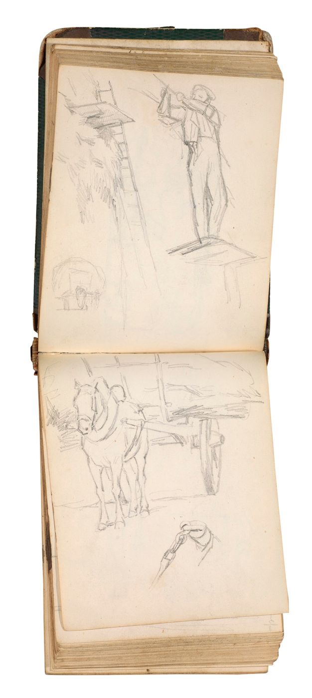 A spread midway through the sketchbook with multiple studies in pencil is shown vertically. The lower page includes a horse before a cart laden with hay; below it, a study of the hitch and bridle. The upper page includes a figure piling a heap of hay, behind which is a ladder.