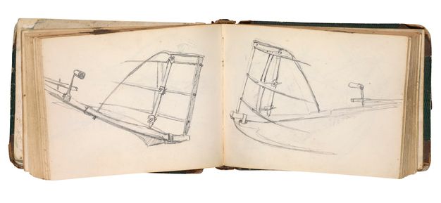 Two drawings in pencil of a cradle scythe from the sketchbook shown horizontally, one study on each page. Each shows great precision, particularly in the scythe blade’s attachment to the armature of the tool.