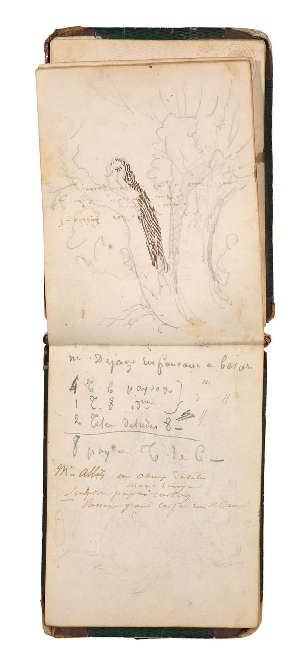 A spread from a sketchbook shown vertically. The upper page contains a pencil drawing of a tree, heightened with delicately hatched sepia-ink lines; the lower page contains a list of items written in pencil, with ink annotations in a different hand below.