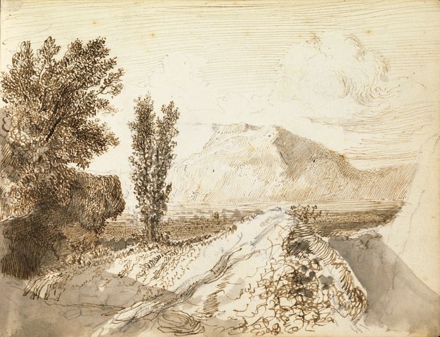 A landscape drawing in sepia ink and wash. A mountain looms in the distance, with clouds rolling behind it; the foreground is composed of leafy trees at left and shadowed flat terrain at center.