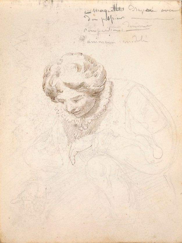 A downturned face, delicately shaded in thin sepia lines, at the center of the vertical page. Faint lines in pencil outline the rest of the crouching figure. Her left hand clasps her knee, while her right reaches down with the palm outward.