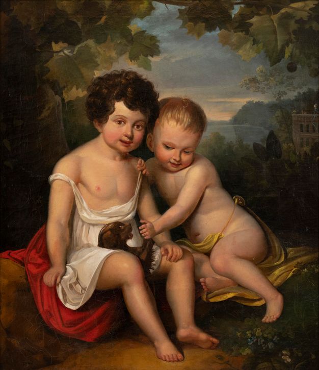 A painted portrait of two children seated together in a forest landscape features one with dark curls at left, and a younger, blond child to the right. A dog rears up from the ground, peeking through the older child’s knees.