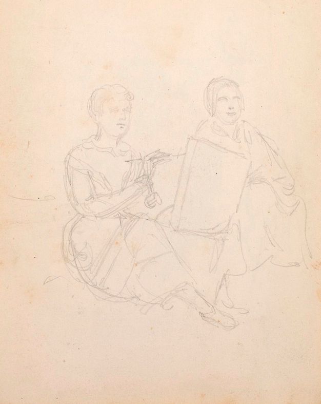 Two seated figures are delineated by soft, sketchy lines in pencil on a vertical page. The figure at left holds a brush toward the open lid of a box, supported by a semicircular hinge above her knee. Her companion at right smiles gently.