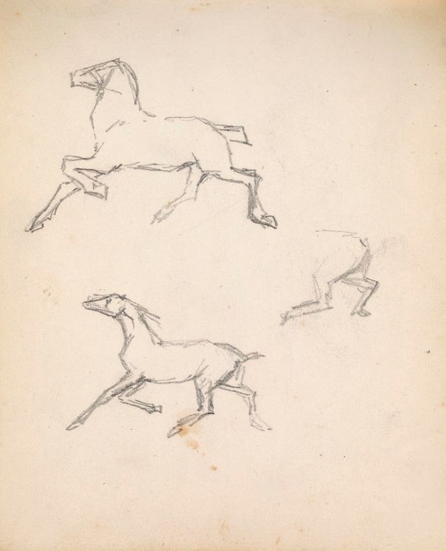 A vertical page showing two sketches of running horses in profile and the hind quarters of a third.