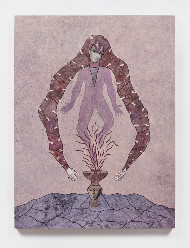 Fantastical, purple-bodied, shadowy, partially masked figure floating against a pink-purple background. Flame-like lines beneath emanate from a vessel that ascends from a rocky, purple-gray floor. The figure bears over its shoulders a spiked trunk-like shape with hands descending down toward the vessel at either end.