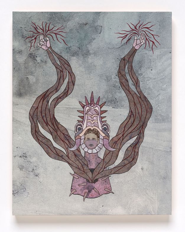 Fantastical disembodied torso and face against a blue-gray background. The figure’s head is set within a dragon-like headdress atop a purple spiked torso. Thick brown rootlike arms reach from within a center cavity of the torso up into the air, terminating in hands and spindly lines.