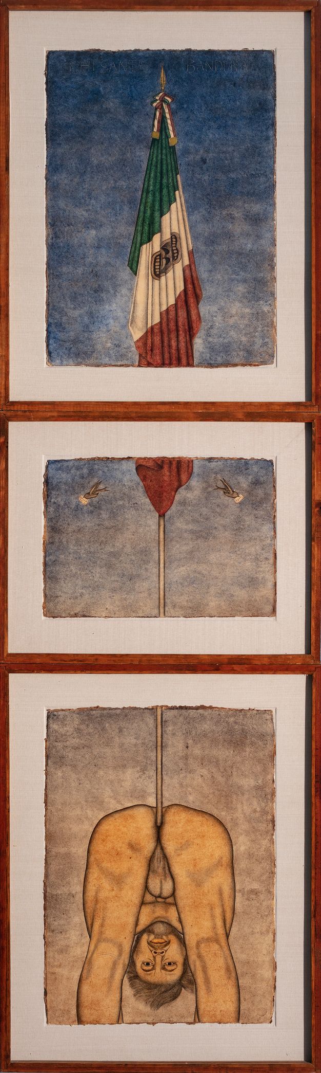 Framed vertical triptych panel painting showing a nude male figure from behind, bending forward so that his face and genitals are visible between his legs as he looks directly at the viewer. A flagpole penetrates his anus, erected into the background sky of the top two panels, terminating in a green, white, and red flag.