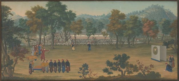 A painting on a horizontal paper scroll depicts an outdoor archery event. A figure in red readies an arrow at a target as the others look on. Farther off, different landscape elements span the distance of the shot.