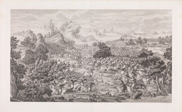A black-and-white print depicting the Qing imperial mounted cavalry, armed with bows and arrows, galloping toward their musket-wielding enemy. The battle is set in a mountainous landscape with trees and a view into the far distant background.