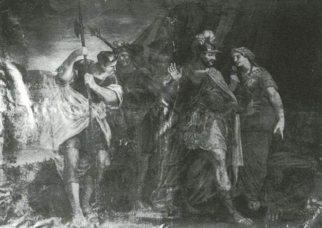 A black-and-white photograph of a damaged oil painting depicts a woman in loose robes and head covering speaking with a helmeted general dressed in ancient Mediterranean uniform. They stand in front of a tent, near several other soldiers carrying bladed weapons.
