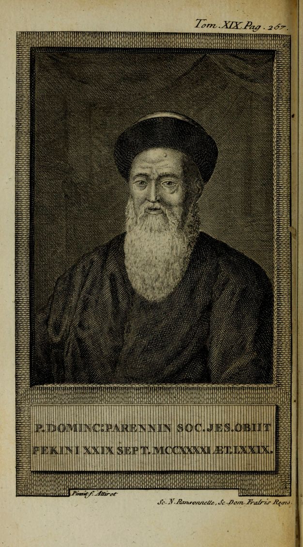 An engraved black-and-white bust portrait of an older man with a heavy round beard and mustache wearing official Qing court attire, including a robe and a round hat, set against a curtain. Below, a short inscription in Latin gives his name and office.