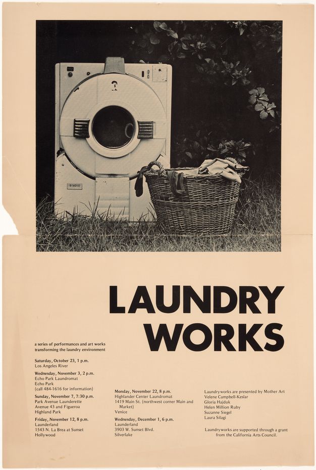 A poster with days, times, and locations for “a series of performances and artworks transforming the laundry environment.” The top half features a black-and-white photograph of a washing machine and a laundry basket in a grassy field.