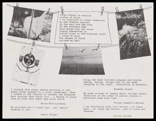 Center spread of a brochure. Black-and-white reproductions of artworks and a typeset poem appear to hang from hand-drawn clotheslines. Five short, typed artist statements appear below.