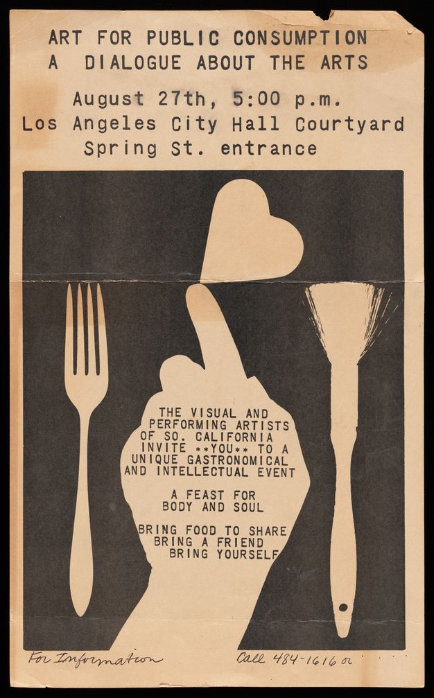 A black-and-white poster announces an event with text and a silhouetted design featuring a hand, fork, paintbrush, and heart. Typed text is printed over the hand. A handwritten note at the bottom lists a contact number.