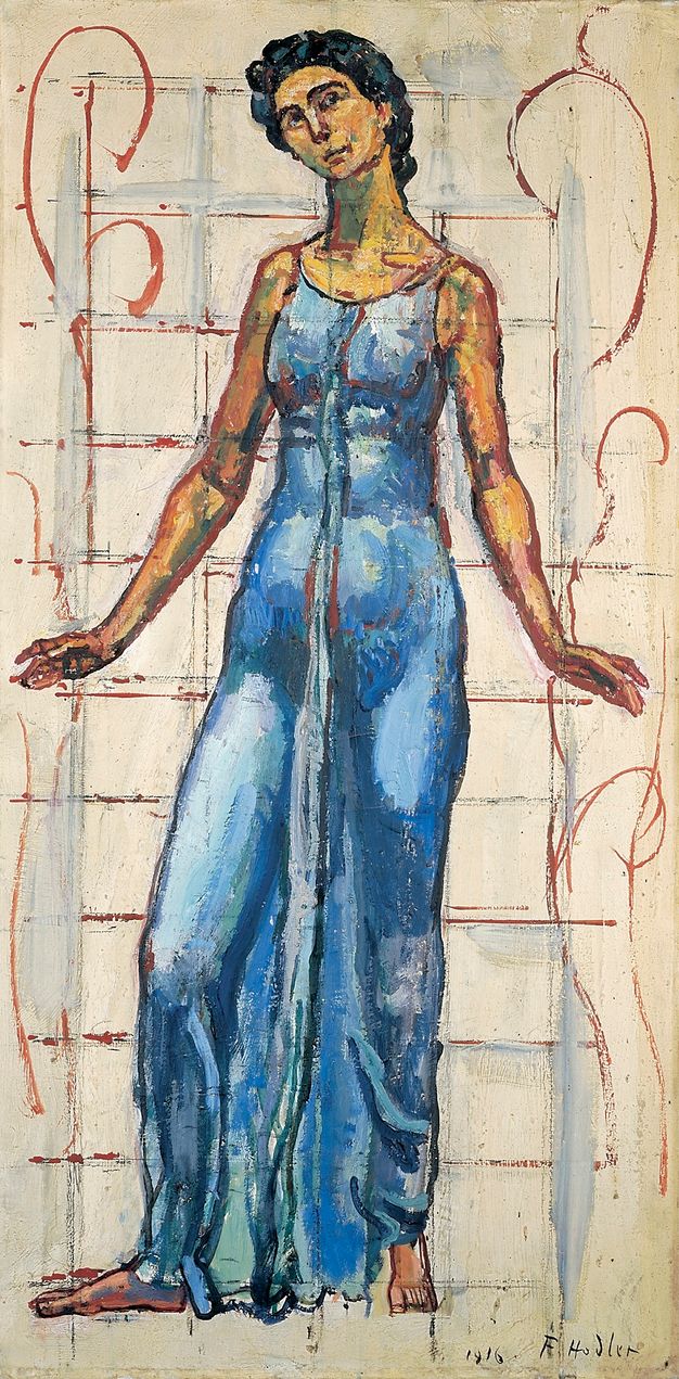 A standing female figure in a floor-length sleeveless blue dress with her arms jutting slightly out, surrounded by a grid that is reinforced in most places with dark red paint and supplemented with garland-shaped lines at the edges.