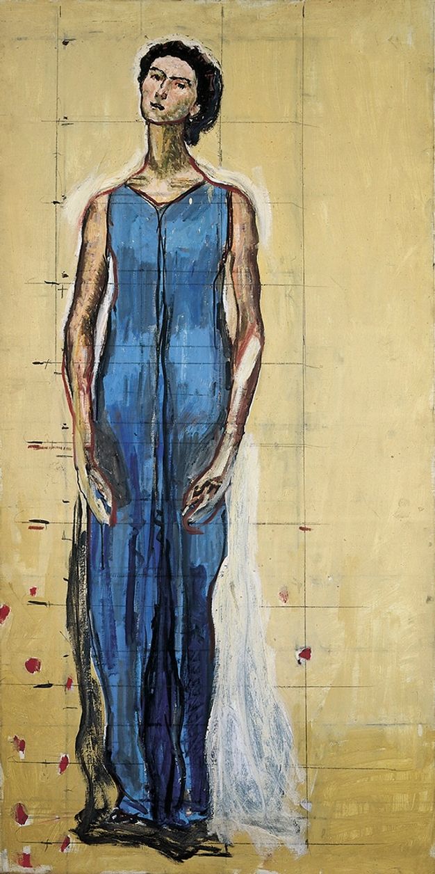 A standing female figure in a floor-length blue sleeveless dress with arms close to her sides. The entire figure is covered with a grid of fine lines. In the lower third of the picture, there are several red spots, about half of which lie exactly on auxiliary lines.