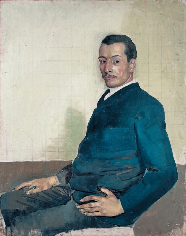 Portrait of a man in a blue-green suit in three-quarter view with short, dark hair and a mustache. The background, brown at the bottom and whitish beige on top, records the shadow of the sitter. A network of gridded lines is clearly visible on the light background up to approximately the top of the figure’s head.