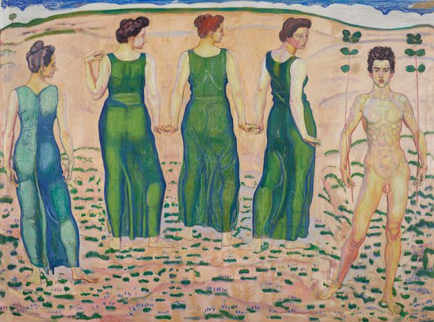 A painting of figures in a barren landscape with scattered green vegetation. On the right, a front-facing nude young man holds a vertical branch with green leaves in each hand. A faint line crosses his navel while another, parallel to it, runs between his navel and genital. Four rear-facing female figures in sleeveless dresses in shades of green look over their shoulders at the young man.