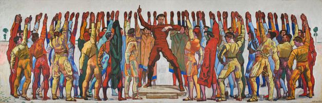 A painting depicting an assembly of sixty or so men in a vast, barely defined landscape. Raised on a low platform, the central, sole frontally facing figure points his finger to the sky. The surrounding men, dressed in unadorned clothing such as high-waisted trousers or simple robes, raise their right hands in oath, creating a horizontal line of hands. Fine lines run across and down large areas of the painting.