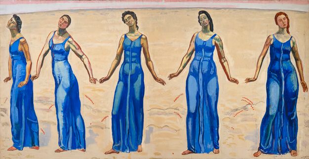 A painting of five frontally facing female figures standing side by side in a barren landscape, their formation reminiscent of round dance. Dressed in floor-length blue sleeveless dresses, they spread their arms slightly toward each other. Traces of transfer grids are scattered across the painted surface.