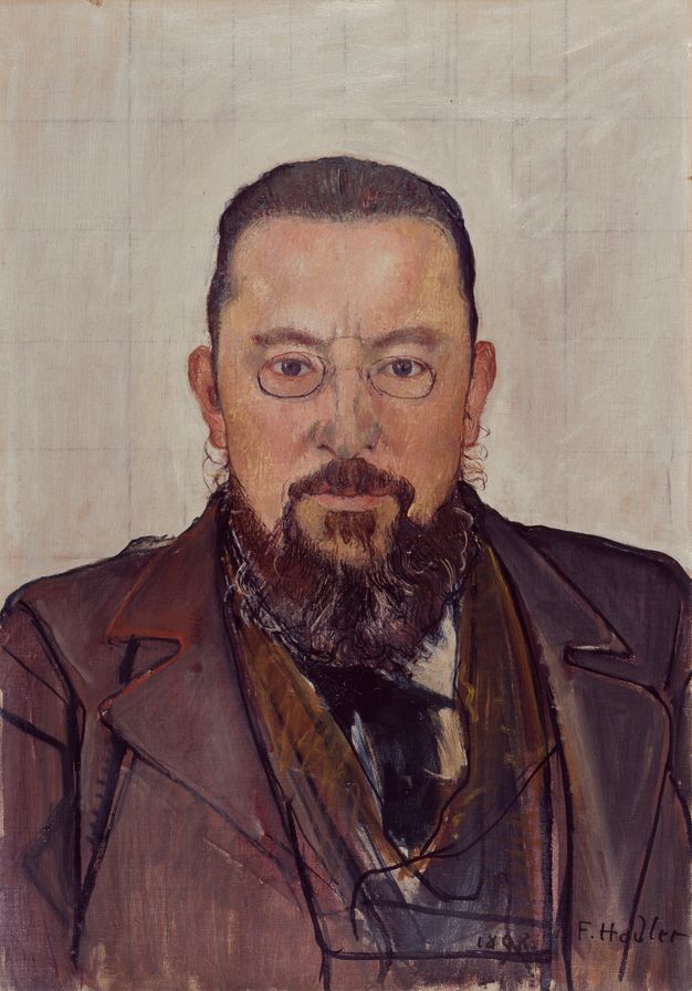 A frontal bust portrait of a middle-aged man with dark, slicked-back hair, a beard, and glasses. His face is rendered in greater detail, while his jacket, waistcoat, and tie are more sketchily drawn. The white background is crisscrossed with vertical and horizontal lines of varying density.
