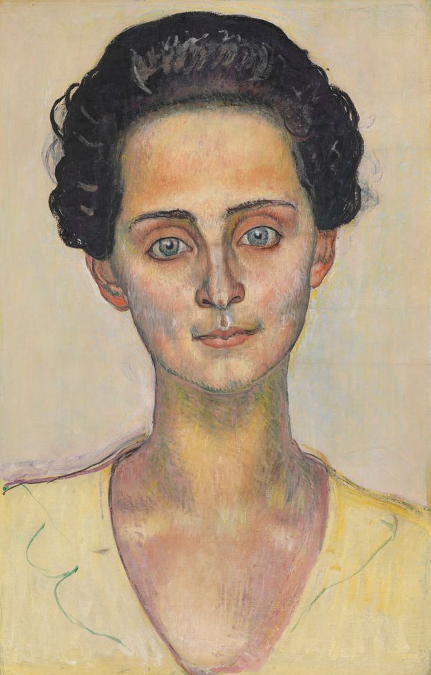 Frontal portrait of a woman with a slightly tilted head and wide-open eyes. Her face is finely detailed, while her light-yellow blouse is only sketched out. A fine line runs down the central axis of the face. Two other lines run across the eyes and mouth. A grid is faintly visible against the beige, monochrome background.