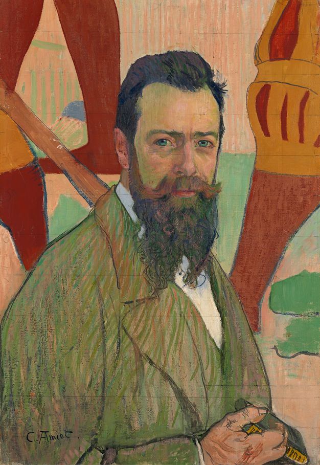 Portrait of a middle-aged man with slicked-back hair and a beard seated in front of part of a colorful artwork. Harmonica in hand, he looks at the viewer with alert eyes. His greenish jacket and white shirt are sketchily rendered, while his face is finely detailed. The entire portrait is covered with vertical and horizontal auxiliary lines at varying intervals.