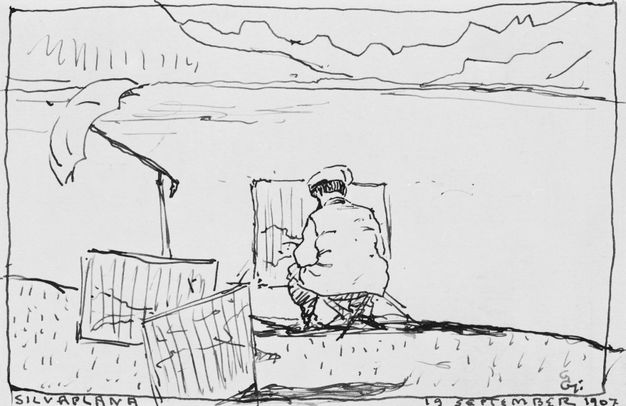 A caricature drawing of a man painting by a lake with his back to the viewer. To his left, two other paintings lean against a stand, which holds a parasol. All the paintings are streaked with vertical, parallel lines. A handwritten caption on the drawing reads “Silvaplana” and “19 September 1907.”