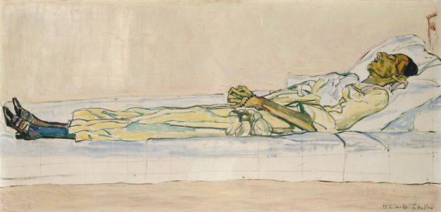 A painting of an emaciated woman lying on a white mattress, her back propped up on pillows. In a long, light yellow dress and black buckle shoes, she holds a rosary in her hands. A grid of fine transfer lines covers the entire figure and the bed but is most visible on the front of the mattress.