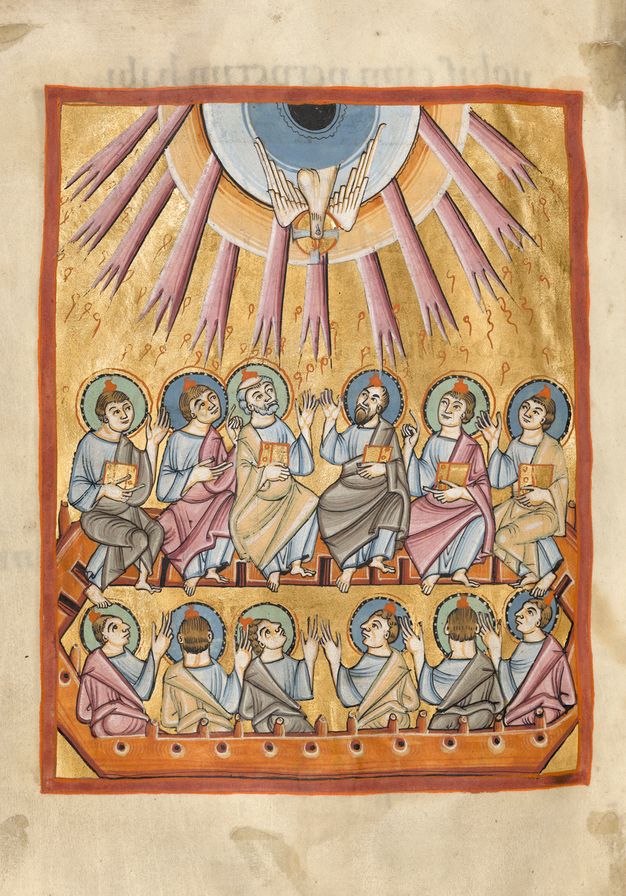 An illustrated manuscript page depicting twelve haloed disciples of Christ with tongues of flame over their heads. A dove and pink, three-pronged rays of light shoot from heaven, which is represented as concentric spheres of pale orange, white, and blue.