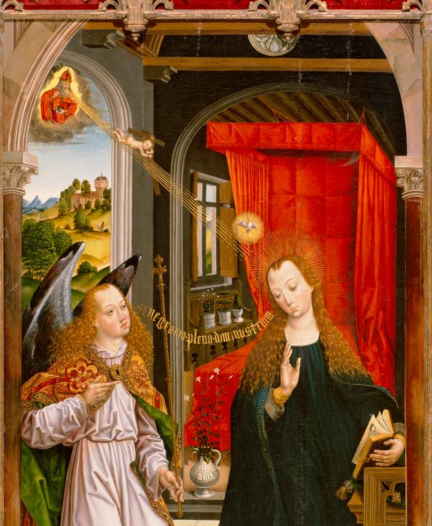 A painting depicting a hillside landscape seen through the doorway from inside a domestic space, through which a winged angel is carried on golden rays that emanate from the mouth of the God in the heavens above to Mary’s haloed head inside the room.