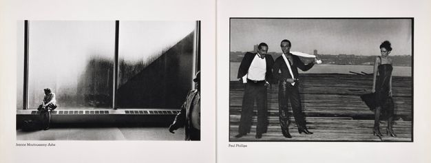 Facing pages in a book, each with a large black-and-white photograph of nearly the same size and placement. Both pictures, with the photographer’s name printed below, are high contrast and contain a sparse composition of a few figures.
