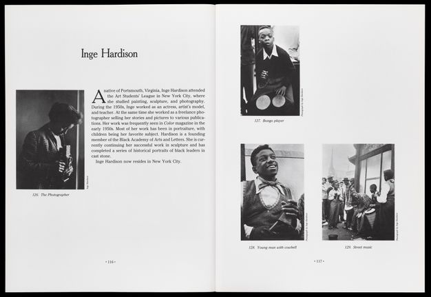 Facing pages in a book with text and captioned back-and-white photographs. On the left-hand page, a photograph depicts a woman with a camera. On the right-hand page, three photographs depict young men playing bongo, cowbell, and other musical instruments.