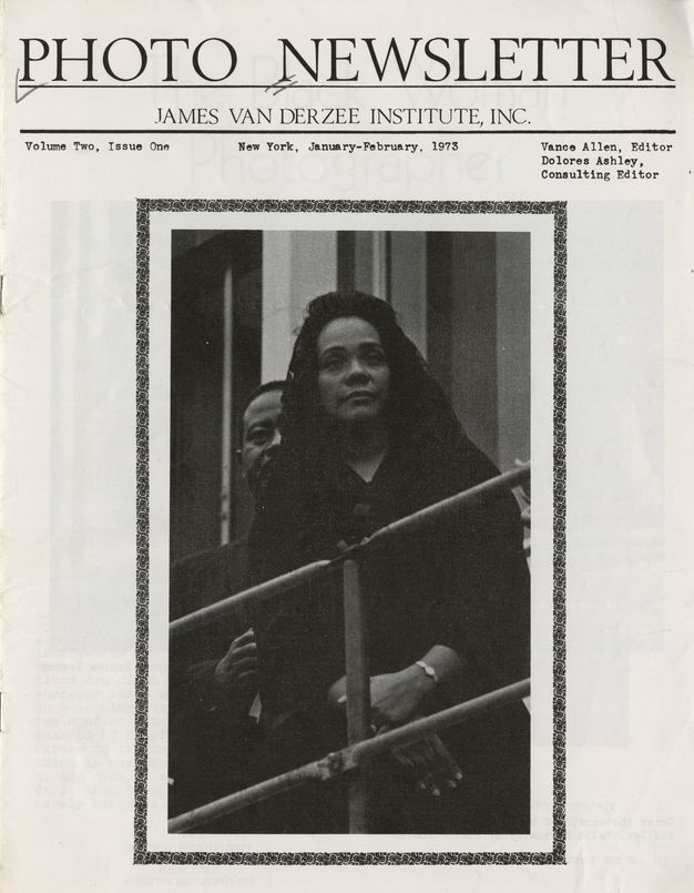 A black-and-white cover features a photograph of a woman and a man standing solemnly behind guardrails. The title of the newsletter appears in bold print, above smaller typed texts announcing issue number and editors.